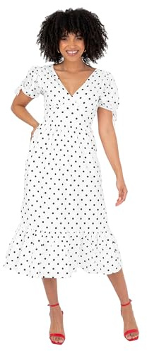 Lovedrobe Women's Midi Dress Ladies V-Neck Short Puff Sleeve Polka Dot Tiered Hem Empire A-line Keyhole Back Evening Party, White 24