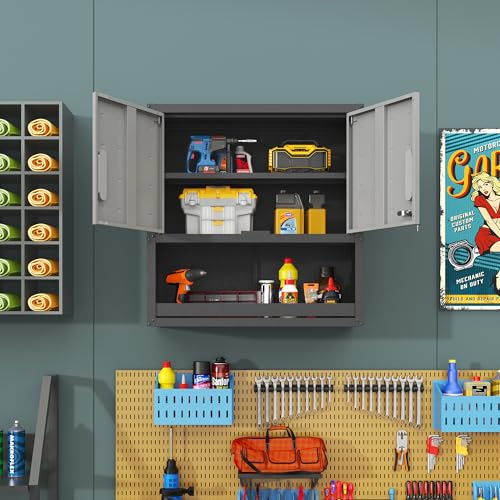 LLGWGL Armoire Murale métallique Armoire Suspendue Armoire à Outils - À Fixation Murale avec Porte fermant à clé 1 Tablette 1 tiroir Ouvert pour Garage, entrepôt, Bureau, 75 × 77 × 30 cm, Gris