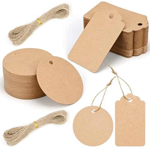 Alethron 200 Stück Geschenkanhänger zum Beschriften, Runde 5cm ＆ Rechteckig 4x7cm Kraftpapier Anhänger, Kraftpapier Etiketten Anhänger mit 40m Jute Schnur Blanko Preisschilder Anhänger Geschenkanhänge