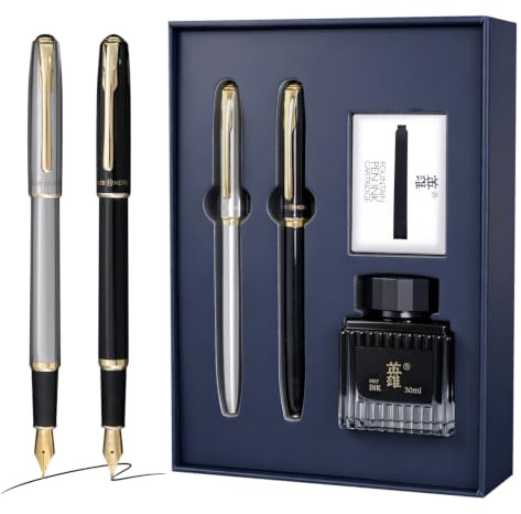 HERO Fountain Pen Set 2 Counts, Gloss Black & Silver, Medium Nib, Smooth Writing Pen with 5 Ink Cartridges & 30ml Ink Bottle, Luxury Gift Box for Journaling, Calligraphy & Daily Use