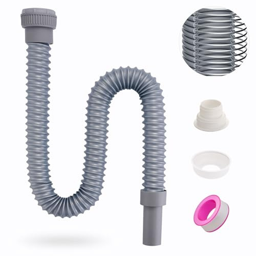 Pronese Flexible Waste Plastic Pipe with Reinforced Steel Wire, Grey | 40mm Waste Pipe | Flexible Drain Pipe | 29-85cm |G1 1/4 & G1 1/2 （≈40 & 45mm） | Steel Wire | P-Trap | Sink & Basin