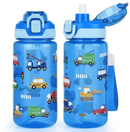 wooshwa Kids Water Bottle for School, 600ml with a Pop-up Detachbale Straw | 2-in-1 Water Bottle for Girls and Boys, Pop-up Detachable Straw, Dishwasher Safe (Transportation)