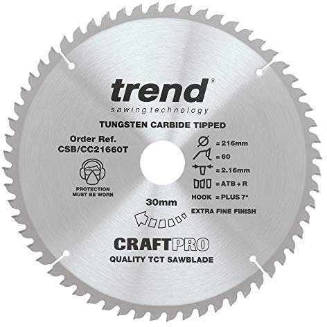 Trend Wood Cordless ATBR Mitre Saw Blade, 216mm Diameter, 30mm Bore, 60 Teeth, 2.2mm Kerf, +7° Hook, TCT, Extra-Fine Finish, CSB/CC21660T