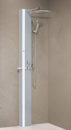 Colonna Doccia Novellini Line 1 Standard Senza Sedile Attrezzata Miscelatore Termostatico Colore Silver Fascia Mensola Bianco Opaco Soffione Ripiano Porta Oggetti Doccetta Misura 22x57,5xH215cm