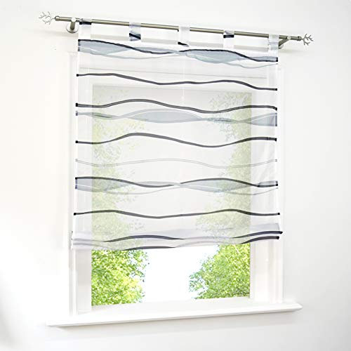 Voile Raffrollo mit Wellen Druck Design Rollos Schlaufen Transparent Vorhang (BxH 100x140cm, Bunt Grau mit Schlaufen)