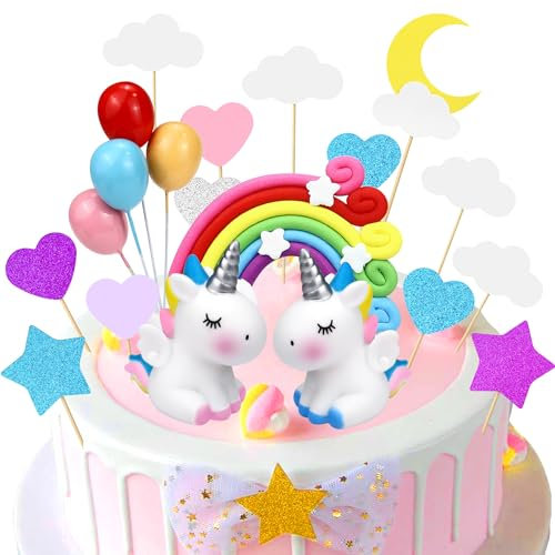 25 Pcs Unicorn Cake Toppers Rainbow Cake Decorations Kit Cloud Star Heart Balloon Cupcake Topper Cake Decors for Kids Girl Boy Adults Birthday Wedding Baby Shower Party Supplies