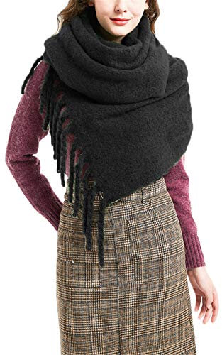 ASKSA Damen Schal Warm Pashminas Herbst Wintertagen Thicken Warm Quaste Winterschal Weiche übergroßer Schultertuch XL Schals Stola für Frauen (Schwarz)