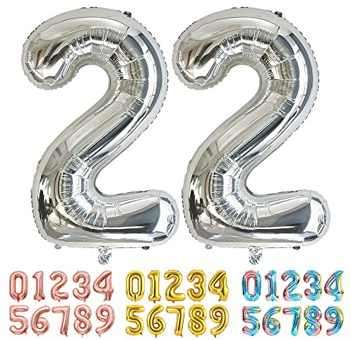 Ponmoo Luftballons Zahlen 22 Silber, Riesen Nummer 0 1 2 3 4 5 6 7 8 9 10-19 20-29 30-39 40 50 60 70 80 90 100, groß Folienballons für Hochzeit Jubiläum, Geburtstagsballons Party Dekoration