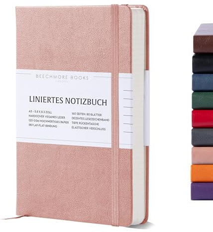 Beechmore Books Notizbuch liniert - A5, Rosa I Premium Hardcover Journal Buch aus veganem Leder, 120gsm creme Papier, inkl Geschenkbox, für Schriftsteller, Journalisten, Meetings & Studenten