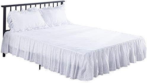 Feyart Dekoratives Rüschen-Bettlaken, Tagesdecke, Baumwollmischgewebe, Bettbezug mit Ösen-Stickerei, Rock, gerüschter Volant, 38 cm lang (Weiß, 137 x 190 cm)