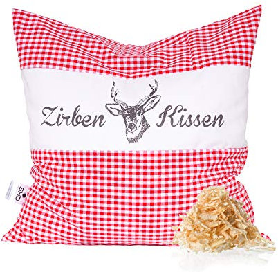 SHD Zirbenkissen Dekokissen mit Zirbenholz Alpen 100% Baumwollekariert, Decorative, natürlich duftend, Hirschprint Vichy Geschenk Frauen (Rot Kariert, 30 x 30 cm)