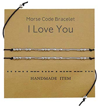 EMSea 2 Stück Morsecode Armbänder Verstellbare Kupferperlen Anhänger Freundschaft Schmuck Armband Set mit Karte, I Love You