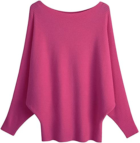 GXIN Frauen Fledermausärmel Pullover Boot Hals aus Schulter lose Passform lässig Dolman gestrickt Pullover Damen Pulli Tops Eine Größe (Rosenrot)
