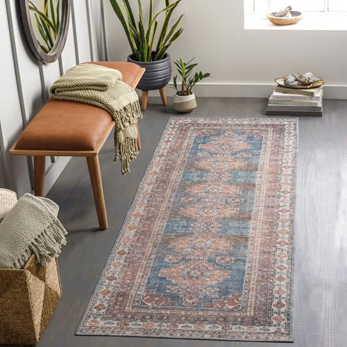 Livabliss Faraoun Machine Washable Rug - Vintage Runner Rugs Living Room, 80x220 cm - Traditional Boho Rug Style, Dining Room, Kitchen, Outdoor, Hallway - Coral, Blue, Brown, Cream Rug
