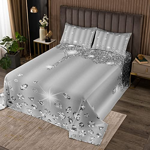 Silber Glitzer Bettüberwurf (kein Glitzer) Bling Party Dekoration Grau Steppdecke für Kinder Jungen Jugendliche Diamant und Schmuck Tagesdeck 220x240cm Wohndecke Atmungsaktive Raumdekoration