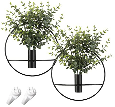 Pretty Jolly Wall Decor, Wall Metal vase Decoration Holder, Wall-Mounted Artificial Flowers, Black Wall Decor Fake Eucalyptus 2 Pack, Wall Art Artificial Greenery, Farmhouse, Boho