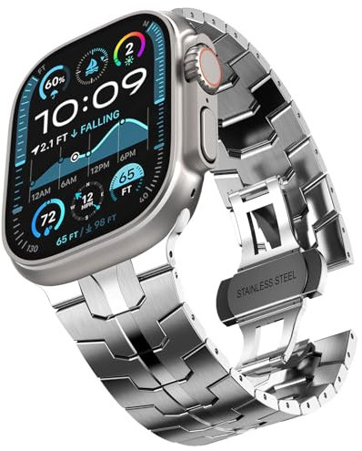 CHANCHY Stainless Steel Band for Apple Watch Band Apple Watch Ultra 2 Band 49mm, Series 10 46mm, 9/8/7 45mm, SE2/SE 6/5/4 44mm, 3/2/1 42mm, Metal Strap with Folding Clasp for Men (49mm, Silver)