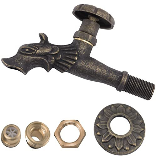AERZETIX - C60234 - Cannelle murale robinet d'évier 1/2'' tête dragon antique rétro décorative à croisillon rond - fontaine salle de bain vintage robinetterie jardin - en laiton vieilli noir