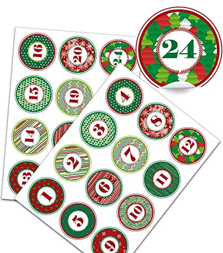 Yabaduu DIY Adventskalender Zahlen zum Aufkleben Nummern 1-24 Selbstklebende Sticker für Weihnachten Weihnachtskalender Selber Basteln Y048 (24 Rot grün rund)