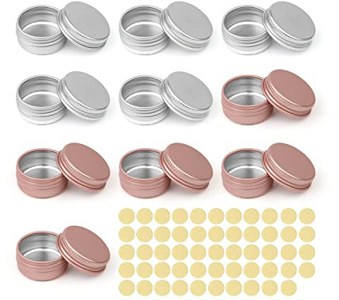 Aluminium Döschen 10ml, GEBAUM 10 Stück Probenbehälter, Aluminium kleine Dosen mit Deckel, mit Rundem Etikett, Für Lippenbalsam, Minikerzen, Knöpfe