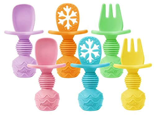 PandaEar 6 Pack Baby Besteck Set Silikon Baby Löffel und Gabel Set, Kinderlöffel BLW Baby LED Weaning Zubehör, Lernlöffel Baby Selbst Essen Esslernbesteck, Babylöffel Brei ab 4 monate