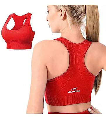 CLDFHX Damen Sport BH Nahtlos mit Polstern Ohne Bügel Flex Racerback Fitness BH Ohne Verschluss zum Yoga Joggen Laufen Pilates, Hellrot, L