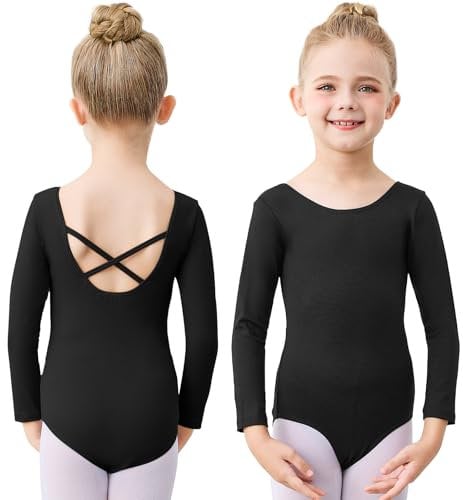 boruizhen Ballet Leotard for Girls, Long Sleeve Dance Leotard, Cross Strap Kids Ballet Outfit 3-4 Years Black