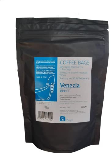 Si Sogno VENEZIA Freshly Ground Coffee Bags, Italian Artisanal Coffee, 100% Colombian Arabica, Smooth & Mellow, Low Caffeine (Resealable Pouch of 35 Eco-Friendly Coffee Bags)