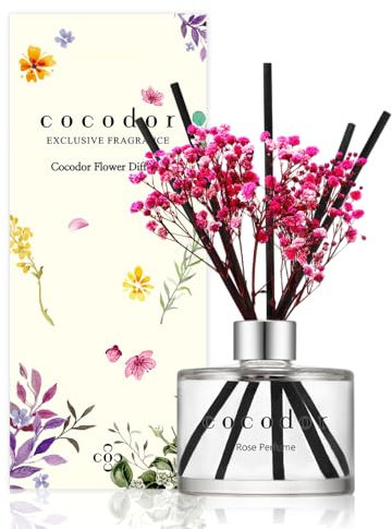Cocodor Flower Diffuser 200ml/6.7oz ROSE PERFUME with pink preserved flowers.