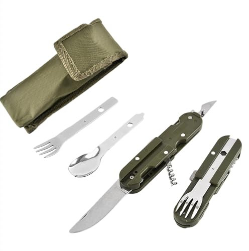 BINQILIN 5 en 1 Vaisselle Pliante en Acier Inoxydable Vaisselle Portable Outil de Camping Extérieur Multifonction Couteau Pliant Fourchette Cuillère Vaisselle pour Le Camping et L'extérieur