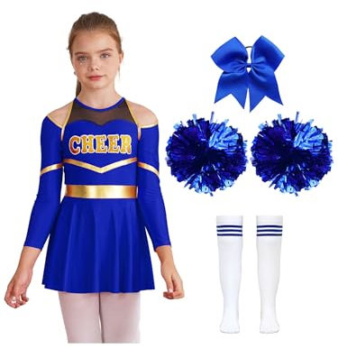 Aislor Mädchen Cheer Leader Kostüm Halloween Langarm Cheerleading Uniform Outfits Pailletten Kleid mit Pompoms/harrband Strümpfe Cheerleading Tanzkleid I Blau 146-152