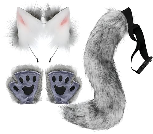 Proumhang 3 Stück Tierohren Stirnband Schwanz Pfote Handschuh Set,Fuchs Katze Cosplay Für Frauen,Halloween Verstellbarer Pelziger Fuchsschwanz Kostüm für Kinder & Erwachsene Dunkelgrau
