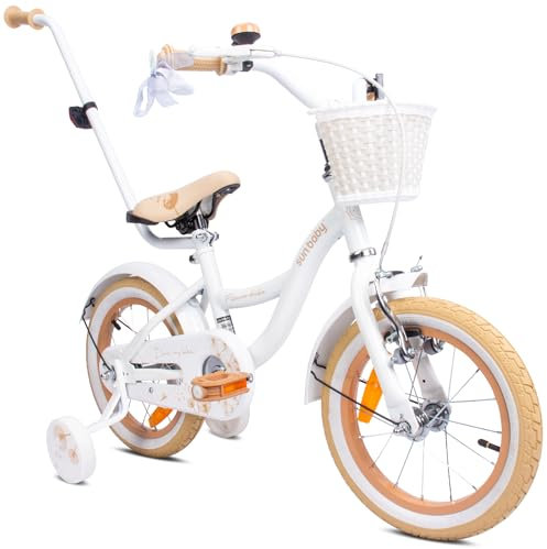 sun baby Mädchenfahrrad 14 Zoll Radgröße Flower Bike zur Auswahl, mit Abnehmbarer Schubstange, Kinderfahrrad für Mädchen von 2 bis 6 Jahre (Weiß Beige, 14 Zoll)