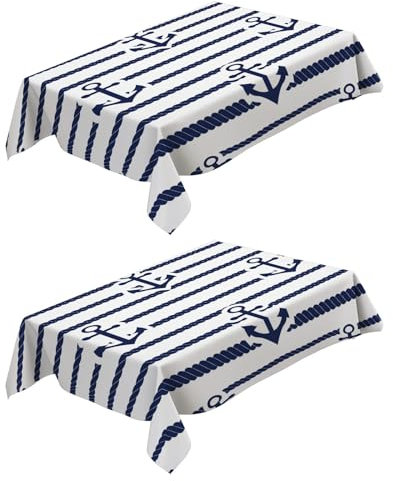 Tischdecke Fleckschutz Abwaschbar Gestreifter Anker Blau 120x160 cm Tischwäsche Wasserdicht Tischtuch 2 Stück Rechteckige Abwischbare Wachstuchtischdecke für Esszimmer Garten Hochzeiten oder Haushalt