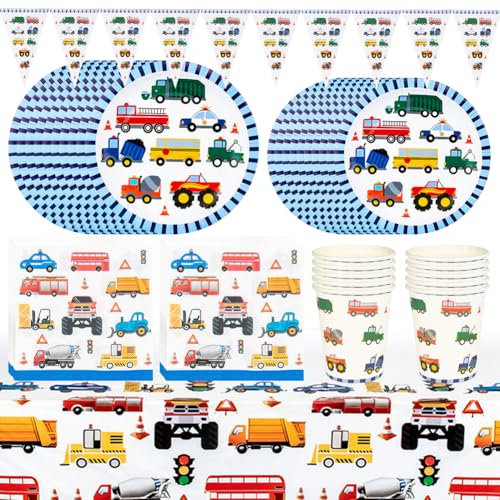 LGWJHCY Costruzione Veicolo Feste Stoviglie Set, 61PCS Decorazioni per Compleanno, Forniture per Bambini Ragazzo Ragazze Festa