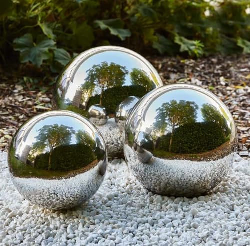 FAHAAM Set of 3 Large Stainless Steel Gazing Balls| Ball Globes Floating Pond Balls| Gazing Globe for Home Garden Ornament Decorations (20Cm, 25Cm & 28Cm)