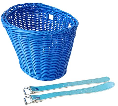Makamsui Fahrradkorb, gewebter Fahrradkorb für Kinder, Fahrradlenker mit verstellbaren Lederriemen, handgewebter Rattan-Fahrradlenkerkorb für Kinderfahrrad, Dreirad, Scoote Blau