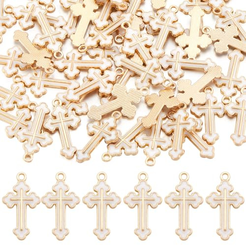 SUNNYCLUE 1 Box 60 Stück Kreuzanhänger Aus Emaille Große Menge Weiße Kreuzanhänger Kruzifix Goldenes Metall Rosenkranz Kleiner Anhänger Zur Schmuckherstellung Anhänger Zum Selbermachen von Halsketten