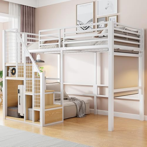 Kinderbett Etagenbett 90x200 cm, Metallbett Hochbett mit Treppe und Stauschrank, Multifunktionsbett Einzelbett Stockbett Spielbett Kinderhochbett Jugendhochbett mit Lattenrost, Ohne Matratze, Weiß