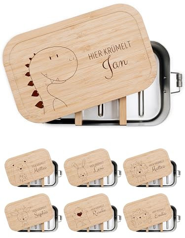 wunderwunsch® - Personalisierte Brotdose für Kinder - Robuste und Individuelle Edelstahl Brotdose mit Namen - Personalisierte Geschenke für Kinder (GROSS Edelstahl,Dino)