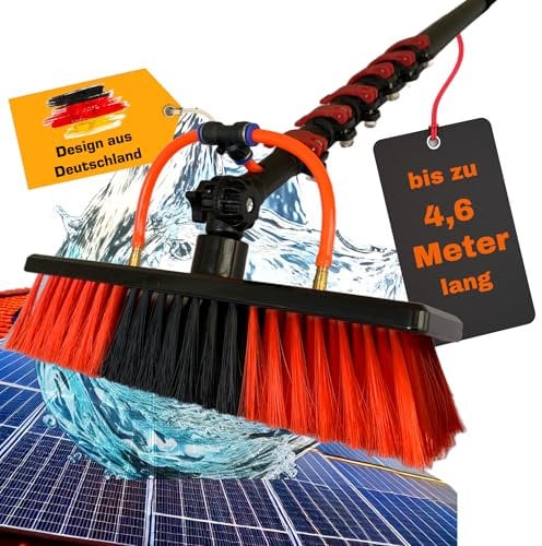 PAKSU Teleskop Waschbürste 4,6m - Premium Qualität - Waschbürste mit Teleskopstiel - Teleskopstange - Teleskop Fensterwischer zur Reinigung von Solaranlage PV Anlage Wintergarten Terasse Fenster Dach