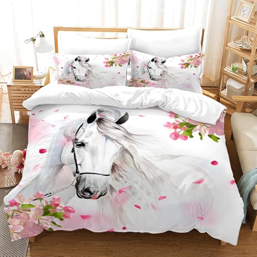 AVJWWD Set di biancheria da letto per cavalli con stampa 3D, in morbida microfibra, con chiusura lampo e federa, per bambini, ragazzi, ragazzi e ragazzi (cavallo floreale, 200 x 200 cm)