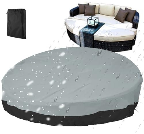 Sonneninsel Abdeckung Rund mit Kordelzug, Schutzhülle Sonneninsel Halbrund，Dauerhaft Abdeckplane Sonneninsel Lounge Sonnenliege Wasserdicht Wetterfest(Size:223*216*41/90cm,Color:GreyBlack)