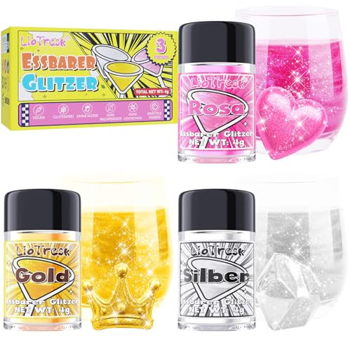 Essbarer Glitzer – 3 Cocktail Essbarer Glitzer für Getränke, Glanz-Lebensmittel Glitzer für Getränke, Glitzer Essbar für Torten Weihnachten, Halloween, Schokolade, Fondant – Gold, Silber, Pink