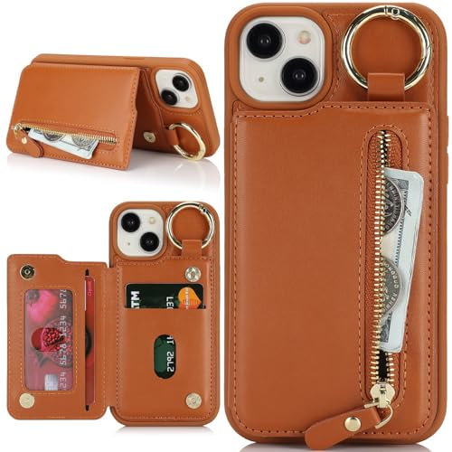 Zouzt for iPhone 14 Plus/15 Plus 6.7 Inch Wallet Case with Card Holder for Men Women, PU Leather Kickstand Credit Slots Case, Key Ring Zipper Stand Shockproof Protective Phone Cover - Brown