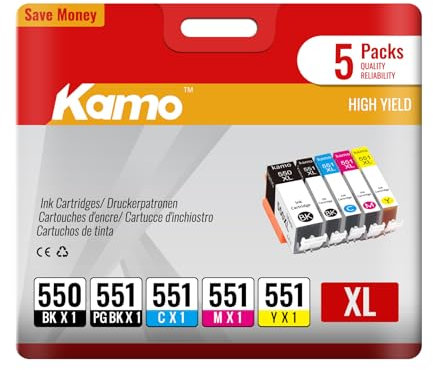 kamo PGI-550XL CLI-551XL (5er-Pack) Multipack Druckerpatronen Kompatibel mit Canon 550 551 XL - für Pixma iP7250, MX925, MG6650, iP8750
