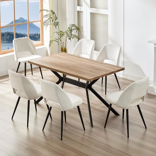 ANVOFONG Essgruppen Esstisch mit 6 beige Stühlen,140 x 80 x 76 cm Dunkelbraun Rechteckig Esstisch aus Holz mit Esszimmerstühle mit Skelettierte Rückenlehne,für Küche Esszimmer und Wohnzimmer