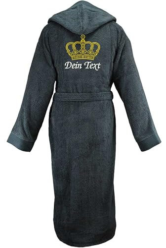 Bademantel mit Namen oder Text - Bademantel zum personalisieren - Bademäntel für Damen/Männer - 100% Baumwolle Frottee - Saunamantel (DE/NL/SE/PL, Alphanumerisch, S, M, Regular, Regular, Grey Crown)