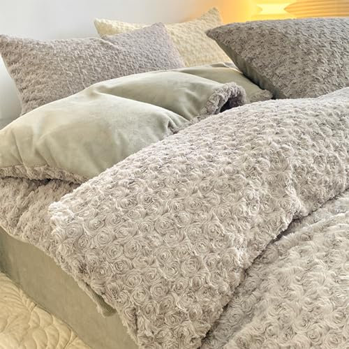 QTANZIQI Thick Rose Velvet Bedding Sets 4 Pieces,Warm Faux Fur Comforter Cover Set Milk Velvet Duvet Cover Set Soft Plush Shaggy Comforter Cover Bedding Set,Gray,Queen