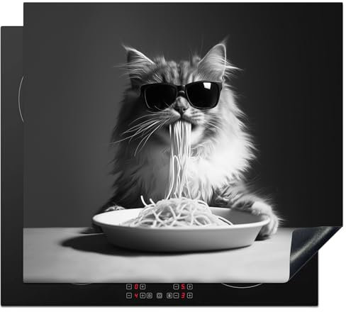 KitchenYeah© Herdabdeckplatte 60x52 cm Einteilig Herdabdeckung Abdeckplatte für Ceranfeld Abdeckung Induktionskochfeld Aufrollbare Matte Langhaarkatze - Sonnenbrille - Spaghetti - Humor